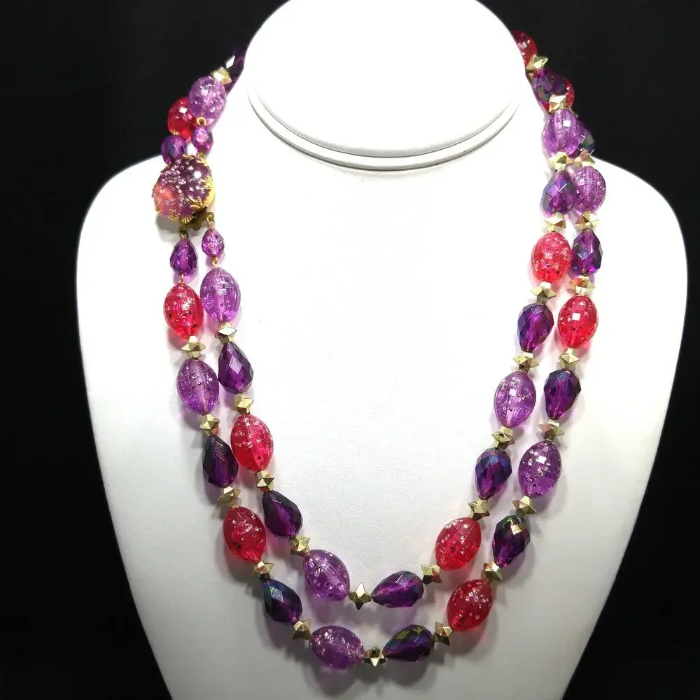 West Germany Glitter Beaded Necklace, Molded Plastic Purple Pink Beads, 1950s